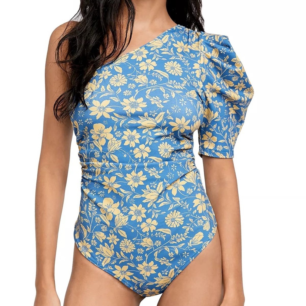 Free People Somethin' 'Bout You Floral One Shoulder Bodysuit in Blue Size Small